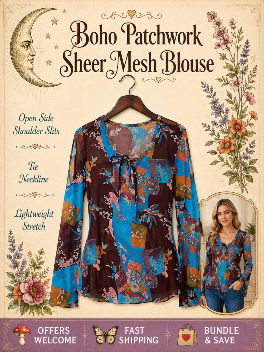 KLD Signature Patchwork Mesh Blouse Open Shoulder Tie Neck Small
